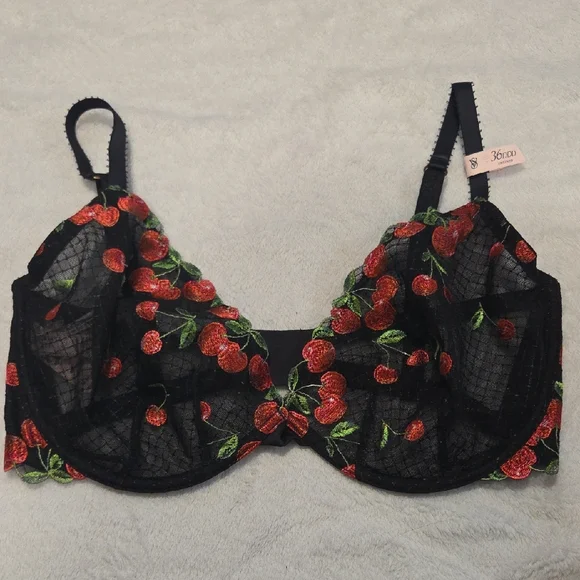 Victoria's Secret Black Bra with Red Cherry Embroidery - Picture 1 of 6